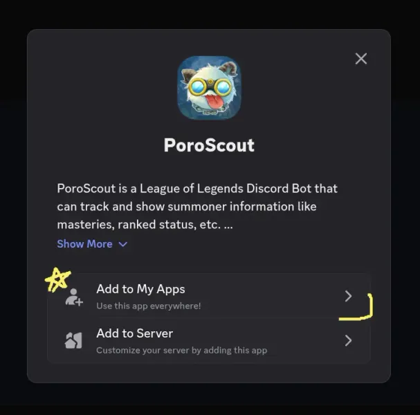 Add to my Apps button on Discord