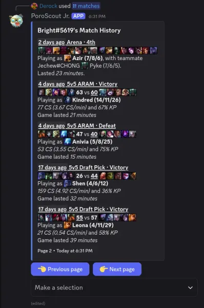 Matches command list view