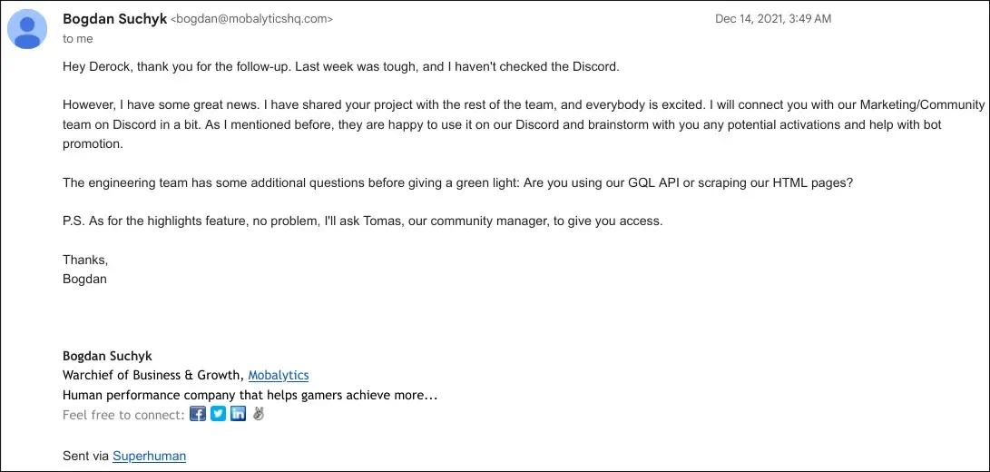 Email response from Mobalytic's co-founder Bogdan giving the greenlight for PoroScout!
